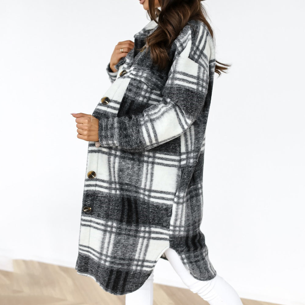 Women Checked Jacket Casual Turn Down Collar Plaid Long Coat Female Oversized Thick Warm Woolen Blends Overcoat