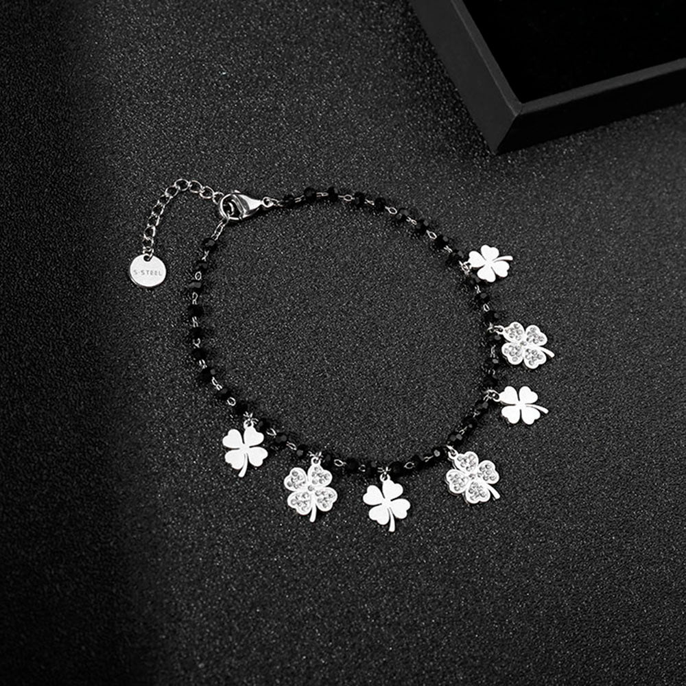 Trendy Women Summer Accessories Bracelet Stainless Steel Charms Black Crystal Beads Chain Multi Clovers Jewelry