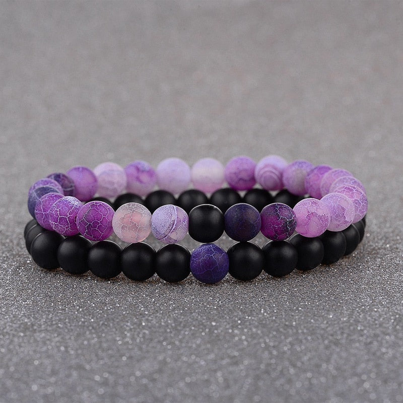 2pcs/set  Weathered Stone Beaded Couple Bracelet Classic MoonStone Lovers Bracelet