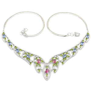 140x85mm Multi Color Created Peridot Tourmaline Violet Tanzanite CZ Fine Jewelry Silver Necklace 18.5-19.5inch