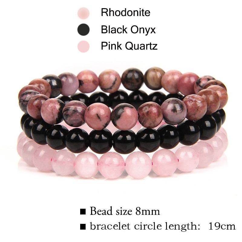 WAVE LENGTH Bracelets 8mm Natural Stone Bracelet Set 3Pcs/set Rhodonite Rose Pink Quartzs Moonstone Amethysts Hematite Bracelets For Women Men Jewelry