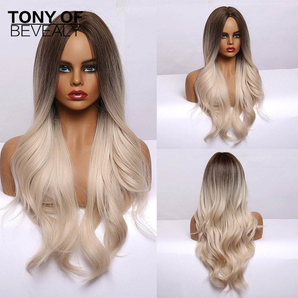 Long Wavy Brown to Light Blonde Ombre Hair Wigs Middle Part Natural Synthetic Wigs for Black Women Cosplay Heat Resistant Wigs