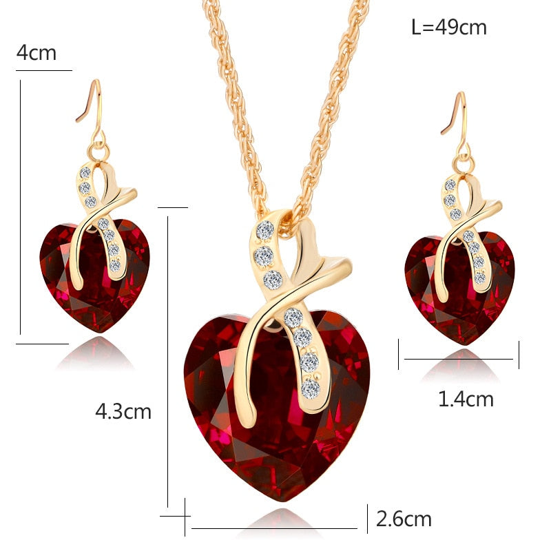Fashion Jewelry Luxury Gold-color Romantic Austrian Crystal heart shape Chain Necklace Earrings Jewelry Sets