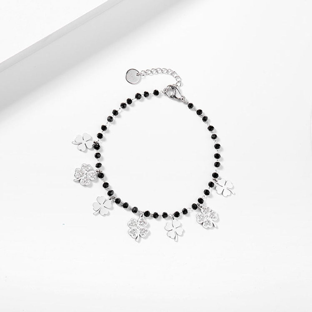 Trendy Women Summer Accessories Bracelet Stainless Steel Charms Black Crystal Beads Chain Multi Clovers Jewelry