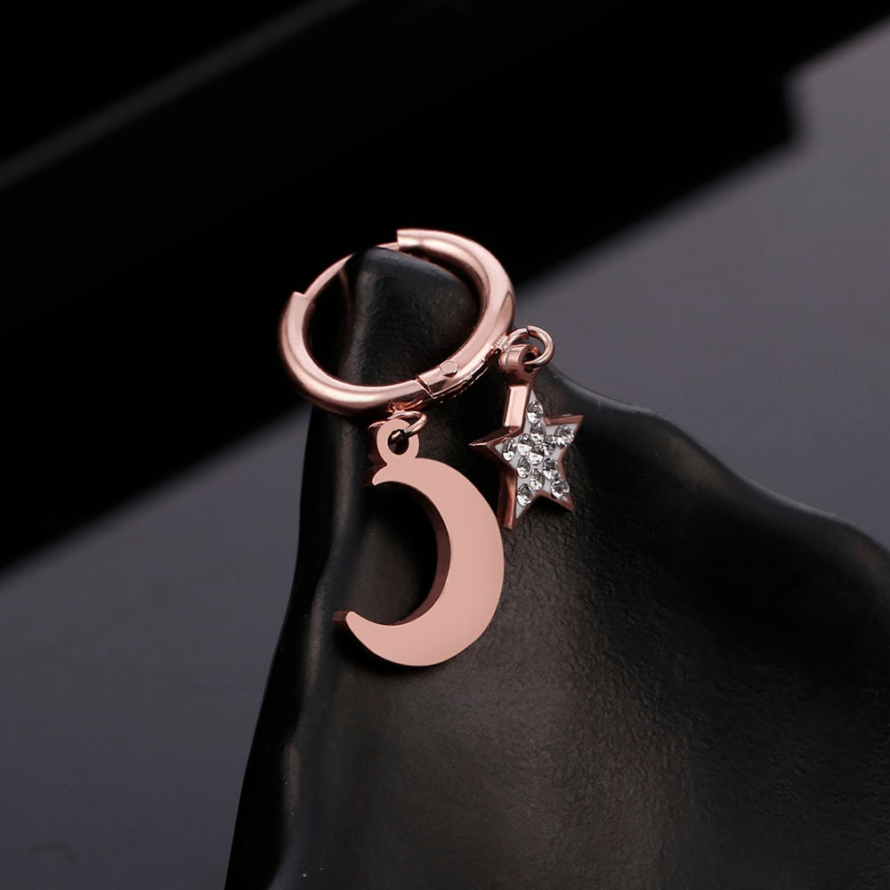 Star Moon Earrings for Women Stainless Steel Small Circle Ear Hoops Earrings Mosaic Cubic Zircon Pendant Jewelry Wedding Gift