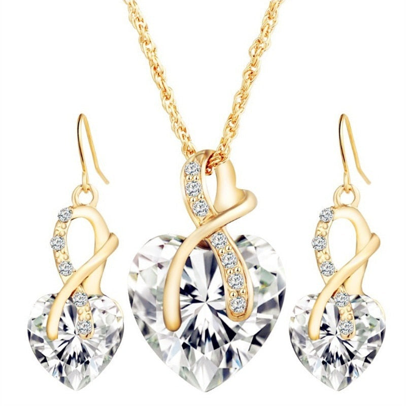 Fashion Jewelry Luxury Gold-color Romantic Austrian Crystal heart shape Chain Necklace Earrings Jewelry Sets
