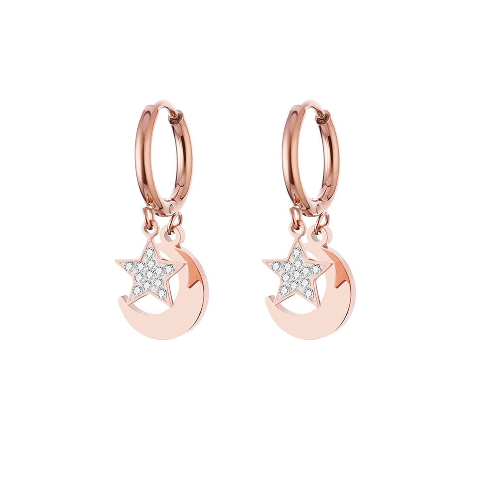 Star Moon Earrings for Women Stainless Steel Small Circle Ear Hoops Earrings Mosaic Cubic Zircon Pendant Jewelry Wedding Gift