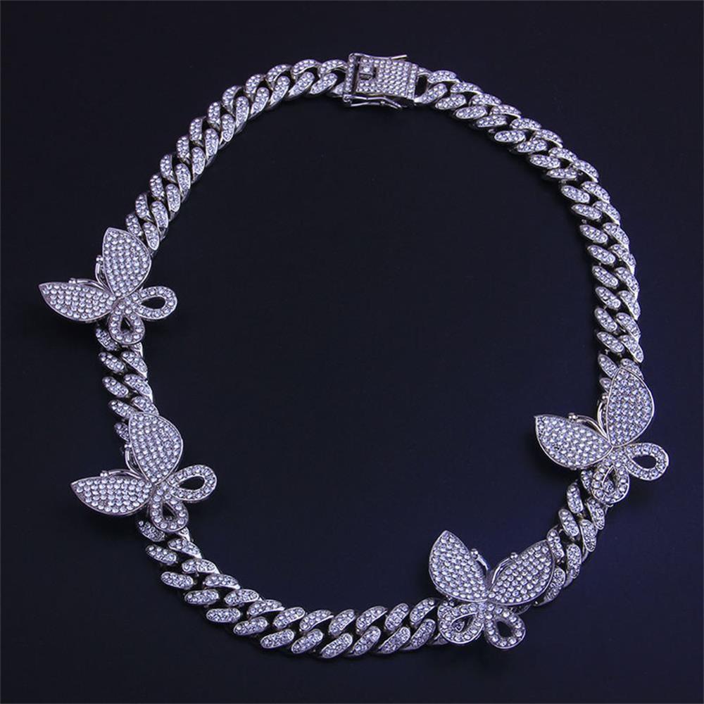 Pink Cuban Link Butterfly Choker Necklace Chain Crystal Rhinestone Chokers Necklaces