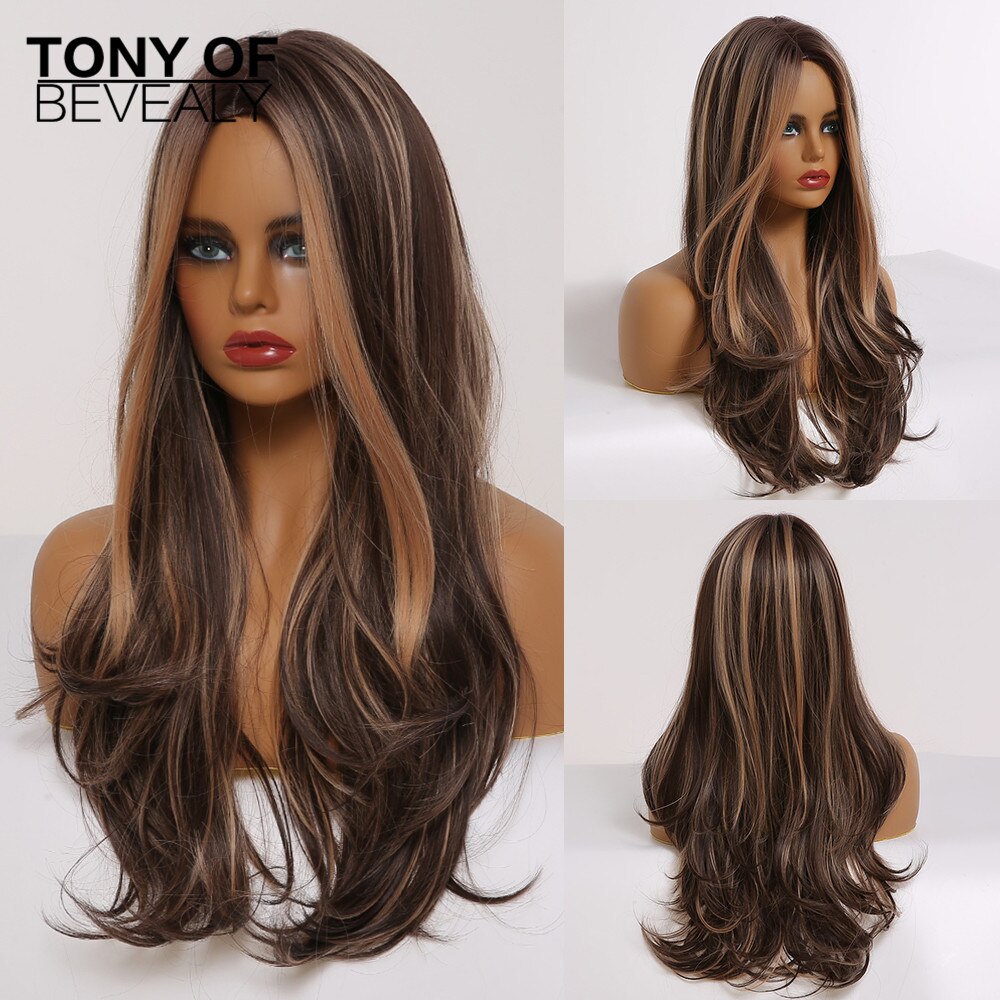 Long Wavy Brown to Light Blonde Ombre Hair Wigs Middle Part Natural Synthetic Wigs for Black Women Cosplay Heat Resistant Wigs