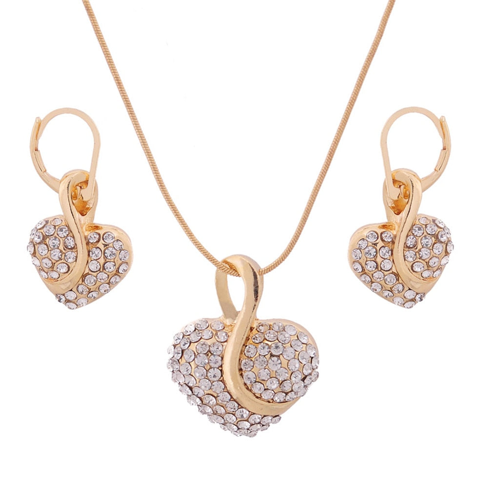Fashion Jewelry Luxury Gold-color Romantic Austrian Crystal heart shape Chain Necklace Earrings Jewelry Sets