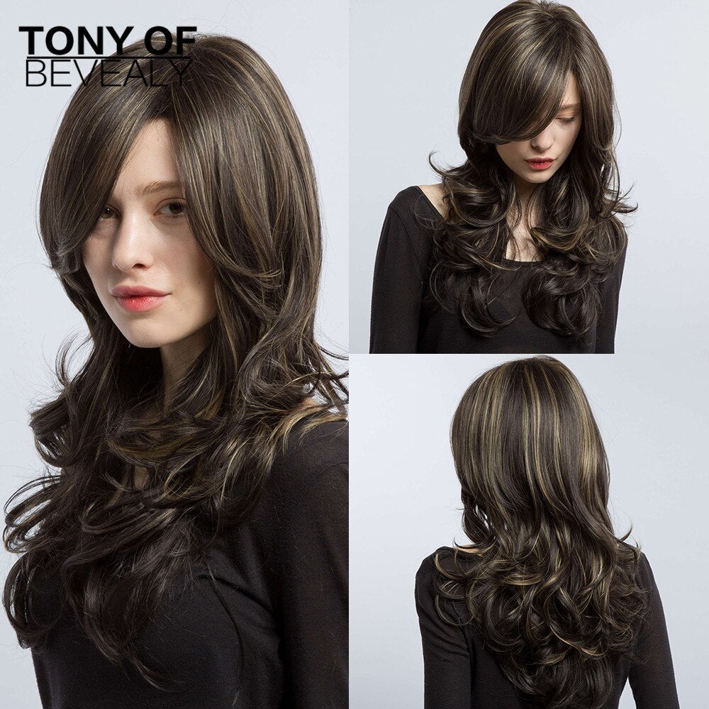 Long Wavy Brown to Light Blonde Ombre Hair Wigs Middle Part Natural Synthetic Wigs for Black Women Cosplay Heat Resistant Wigs