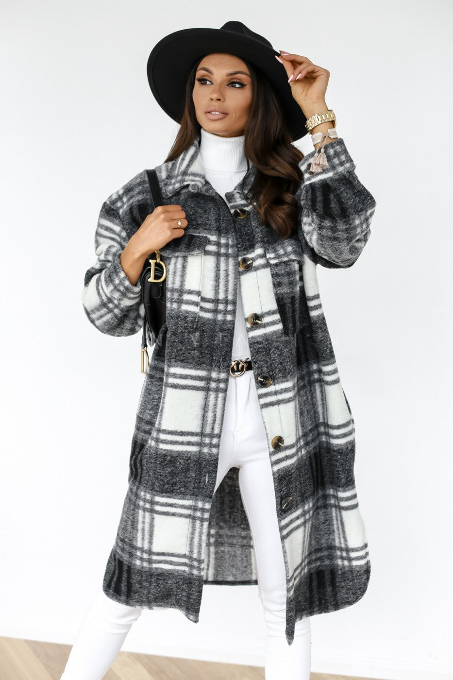 Women Checked Jacket Casual Turn Down Collar Plaid Long Coat Female Oversized Thick Warm Woolen Blends Overcoat