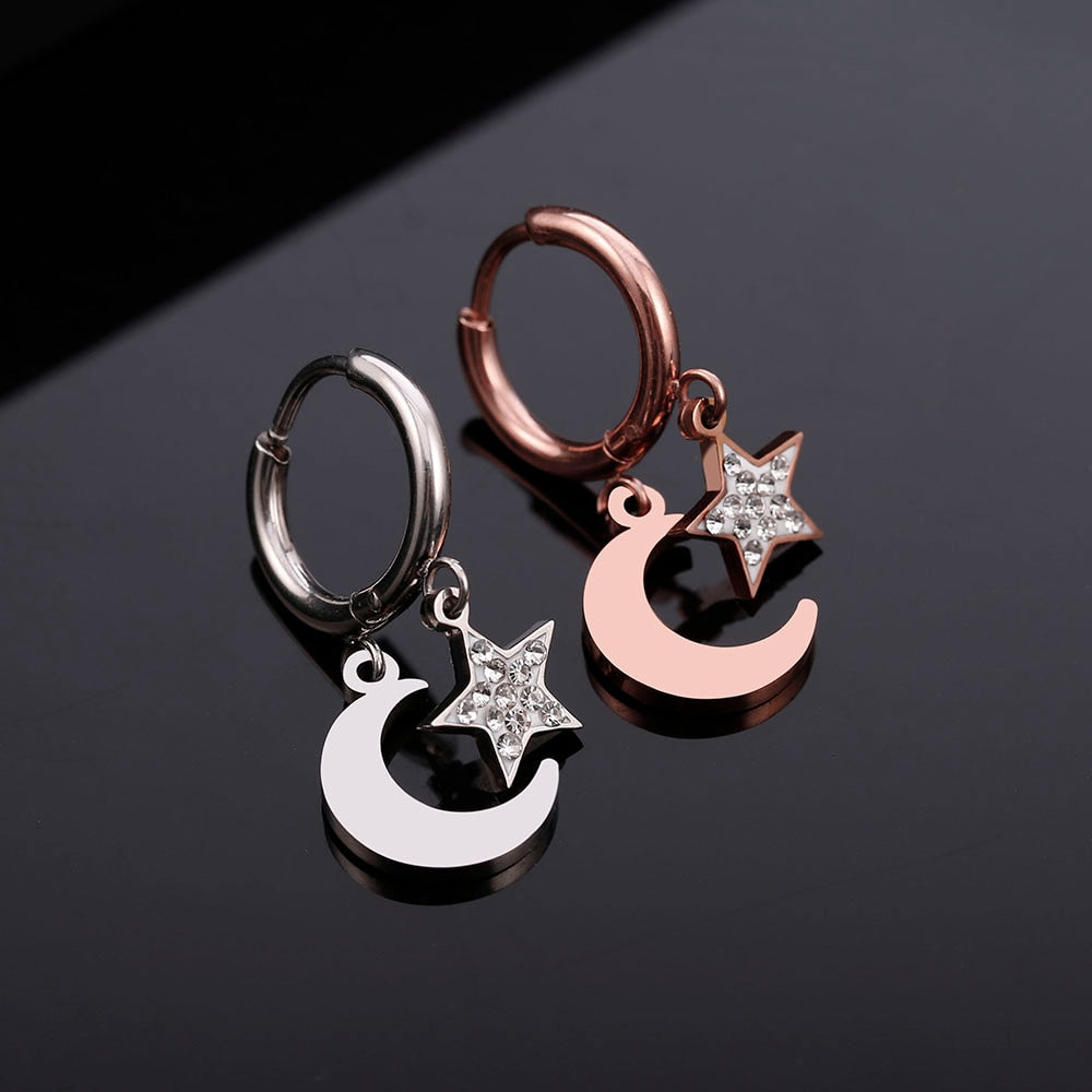 Star Moon Earrings for Women Stainless Steel Small Circle Ear Hoops Earrings Mosaic Cubic Zircon Pendant Jewelry Wedding Gift