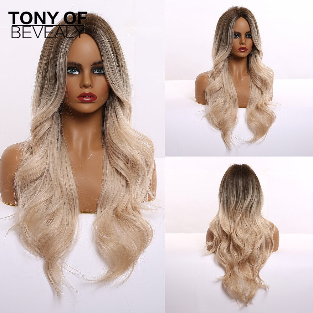 Long Wavy Brown to Light Blonde Ombre Hair Wigs Middle Part Natural Synthetic Wigs for Black Women Cosplay Heat Resistant Wigs