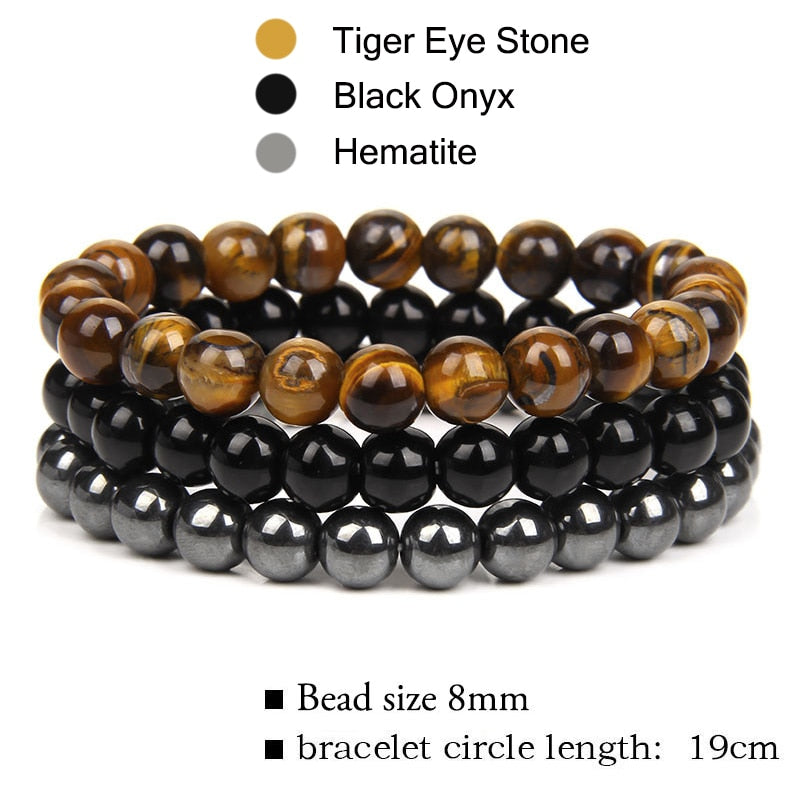 WAVE LENGTH Bracelets 8mm Natural Stone Bracelet Set 3Pcs/set Rhodonite Rose Pink Quartzs Moonstone Amethysts Hematite Bracelets For Women Men Jewelry