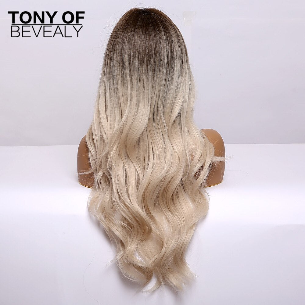 Long Wavy Brown to Light Blonde Ombre Hair Wigs Middle Part Natural Synthetic Wigs for Black Women Cosplay Heat Resistant Wigs