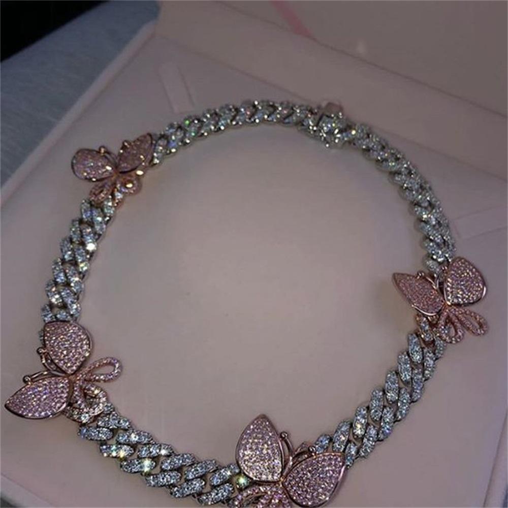 Pink Cuban Link Butterfly Choker Necklace Chain Crystal Rhinestone Chokers Necklaces