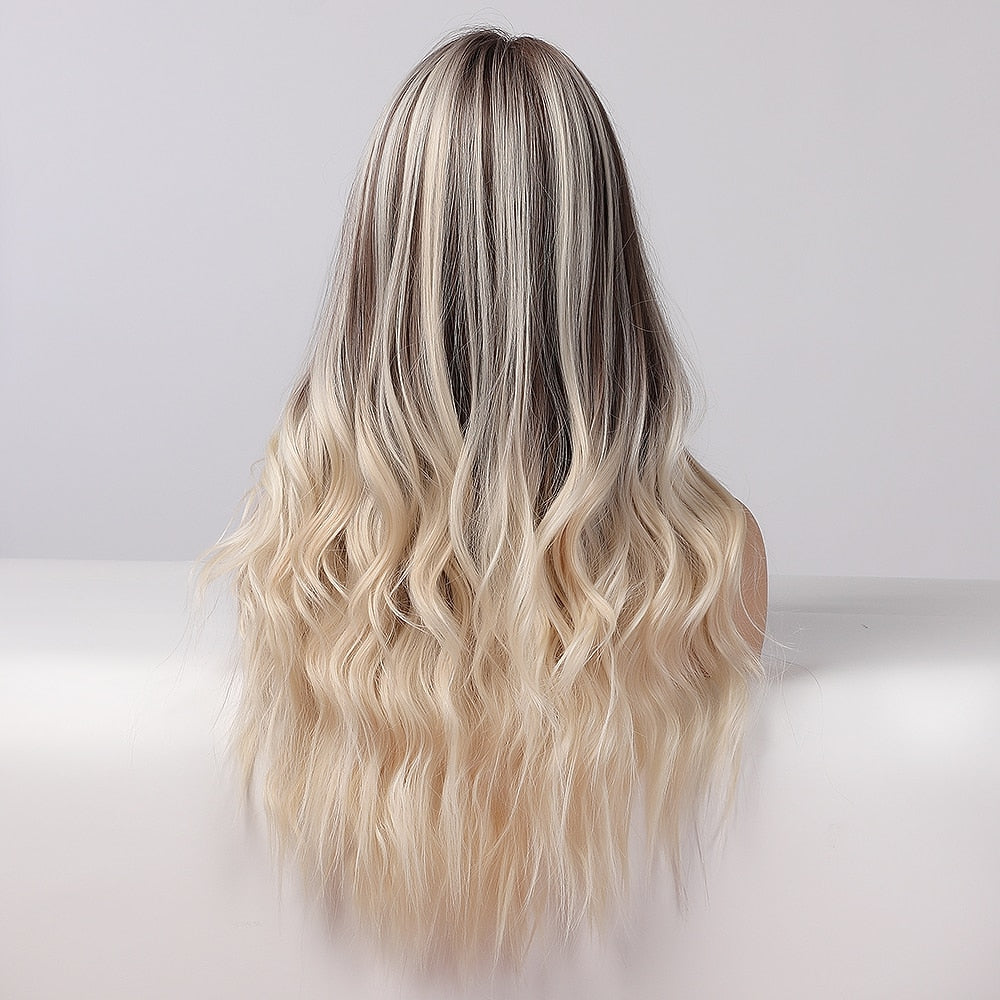 Long Wavy Brown to Light Blonde Ombre Hair Wigs Middle Part Natural Synthetic Wigs for Black Women Cosplay Heat Resistant Wigs