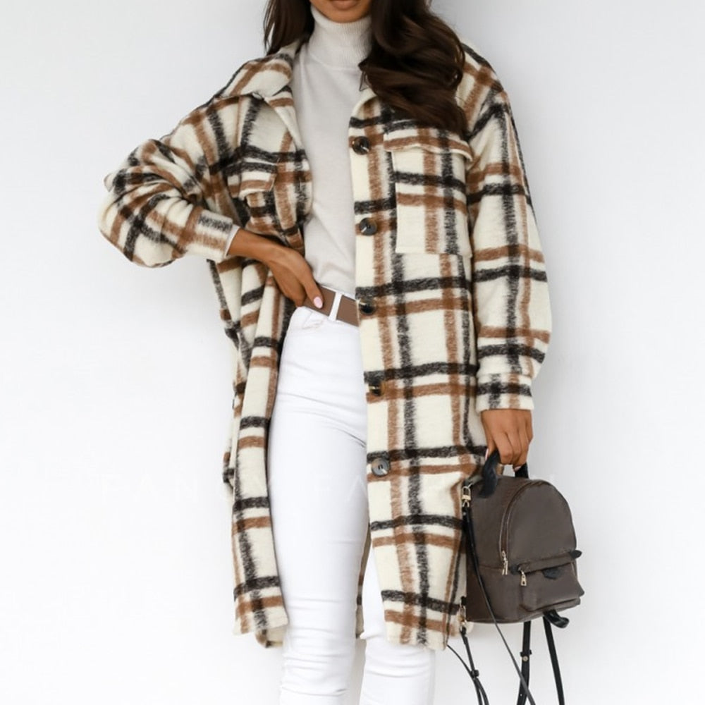 Women Checked Jacket Casual Turn Down Collar Plaid Long Coat Female Oversized Thick Warm Woolen Blends Overcoat