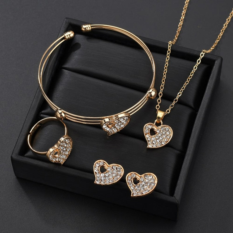 5 Pieces / Set Heart Gold Color Crystal Party Engagement Anniversary Wedding Jewelry Set Gifts For Women