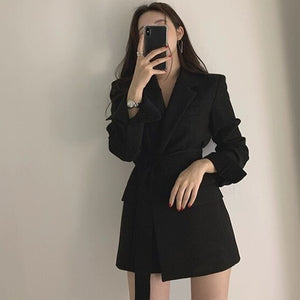 Lace up Belted Lapel Blazers Women Spring Autumn Slim fit Blazer Free Belt Cardigan Style 2021 Woman Black Office Work Suits New|Blazers|