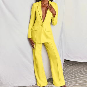 New Pink Yellow Blazer Pants Set Two Piece Women's Business Suit Blazer Set Office Ladies Solid Colors Formal Suits with Buttons|Pant Suits|