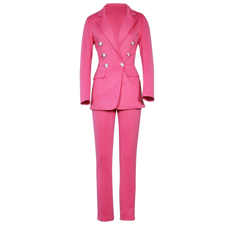 New Pink Yellow Blazer Pants Set Two Piece Women's Business Suit Blazer Set Office Ladies Solid Colors Formal Suits with Buttons|Pant Suits|