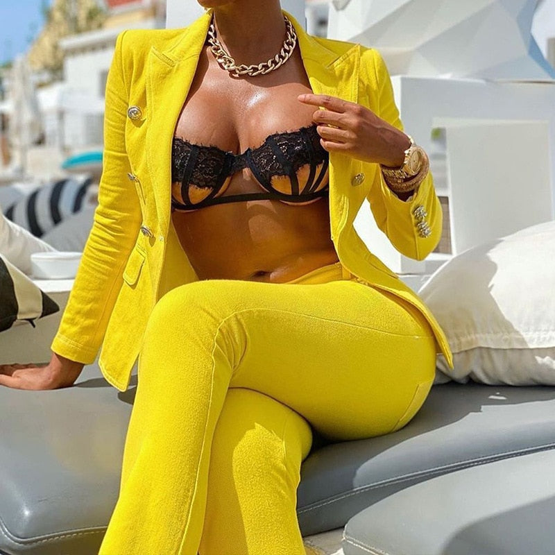 New Pink Yellow Blazer Pants Set Two Piece Women's Business Suit Blazer Set Office Ladies Solid Colors Formal Suits with Buttons|Pant Suits|