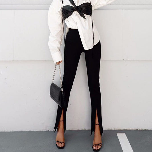 New Women Clothing Solid Color Slim High Waist Fashion Split Casual Straight Pants Women