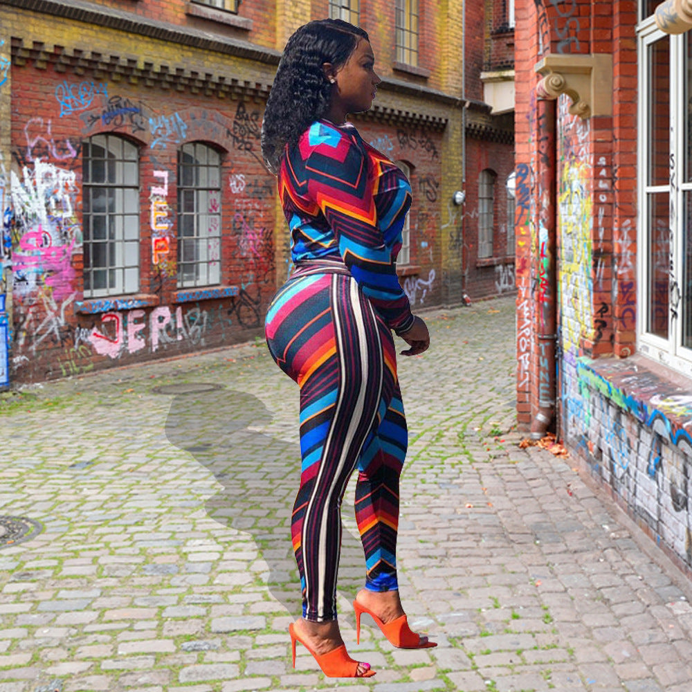 Autumn and Winter New Women Fashion Sexy Sports Stripes Contrast Color Two-Piece Set