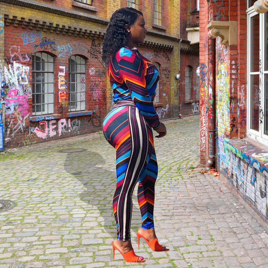 Autumn and Winter New Women Fashion Sexy Sports Stripes Contrast Color Two-Piece Set