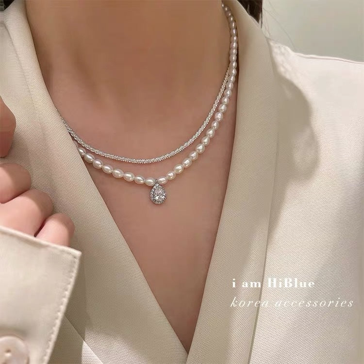 Amazing Price! New freshwater pearl necklace retro multi-layer temperament clavicle chain plated platinum zircon pendant cross-border