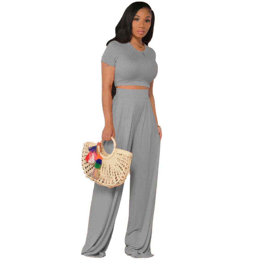 New  Women Clothing Solid Color Midriff Outfit Bell-Bottom Pants Casual Two-Piece Suit