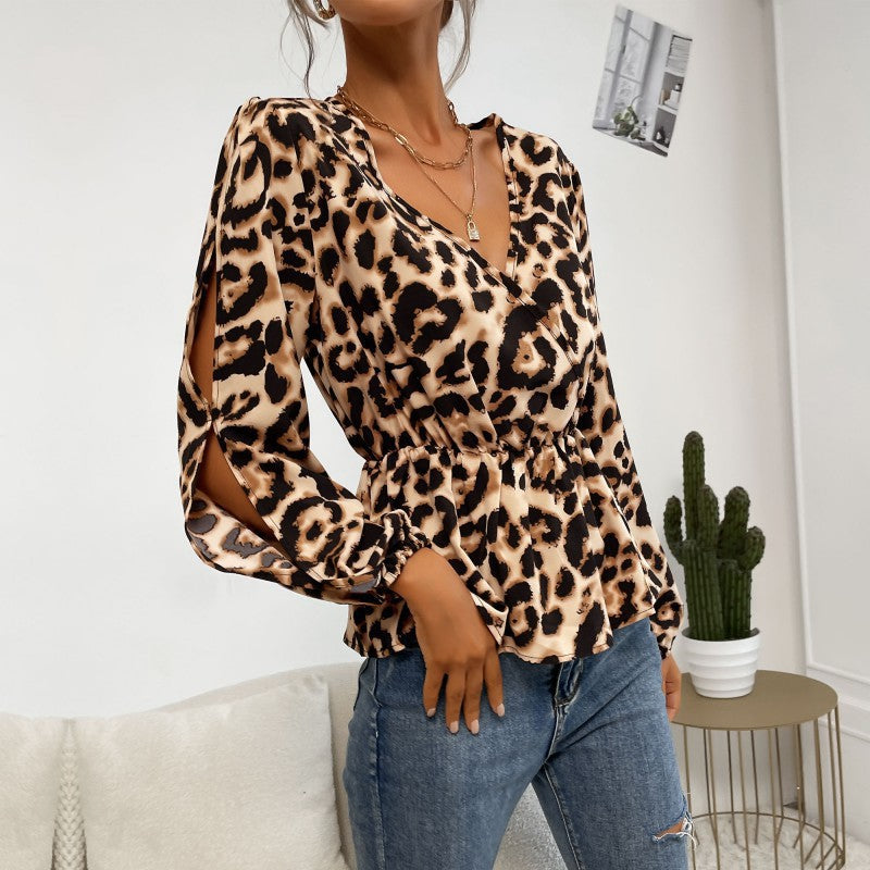 V Neck Slim Long Sleeve Leopard Cat Top