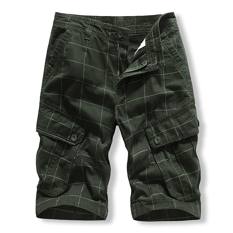 Work wear shorts: Men's middle-aged and old-age sports washed pure cotton pants, lattice Multi Pocket six point casual pants