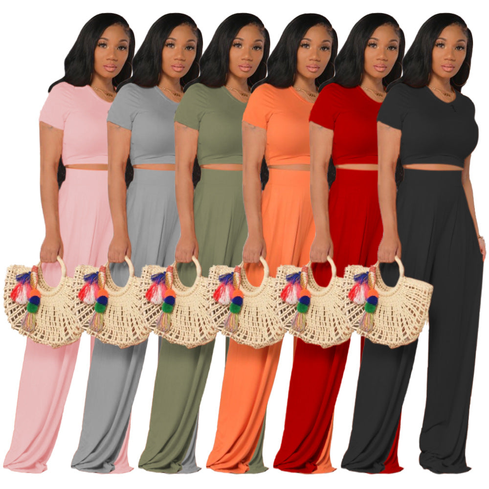 New  Women Clothing Solid Color Midriff Outfit Bell-Bottom Pants Casual Two-Piece Suit