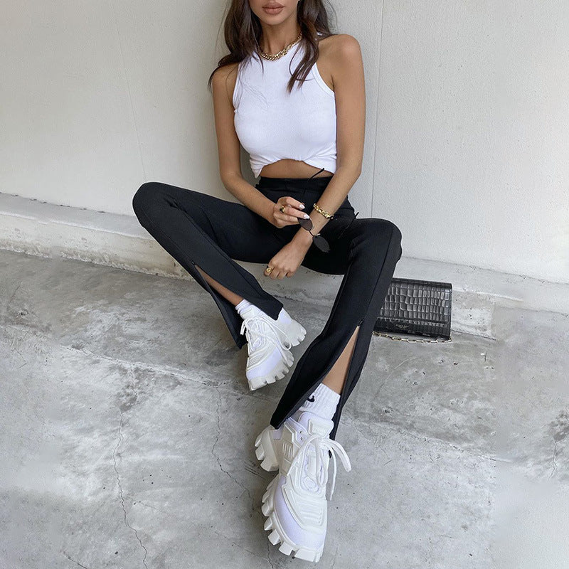 New Women Clothing Solid Color Slim High Waist Fashion Split Casual Straight Pants Women