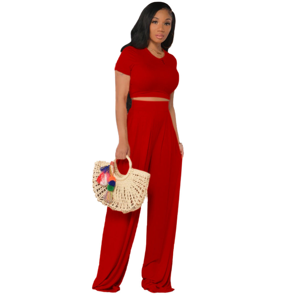 New  Women Clothing Solid Color Midriff Outfit Bell-Bottom Pants Casual Two-Piece Suit