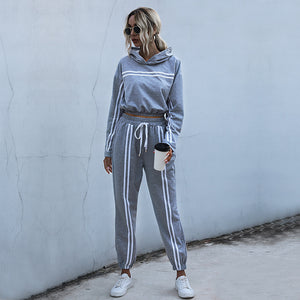 new hooded stripe exposed navel suit women's fashion careful machine sweater pants two-piece set and one
