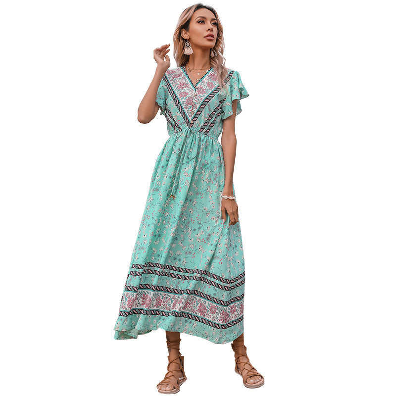 V-neck Short Sleeve Lace Up Dress