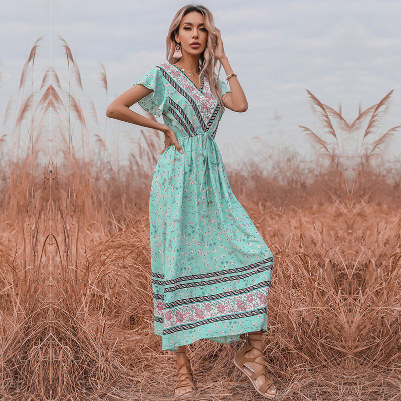 V-neck Short Sleeve Lace Up Dress
