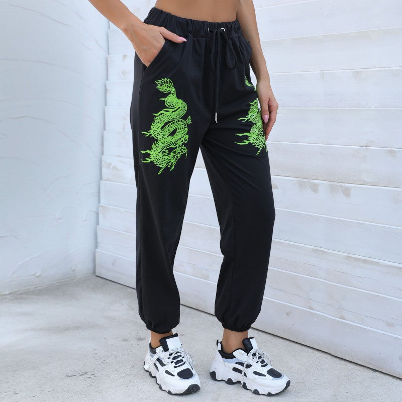 New casual pants women's black street fashion trend printed straight pants