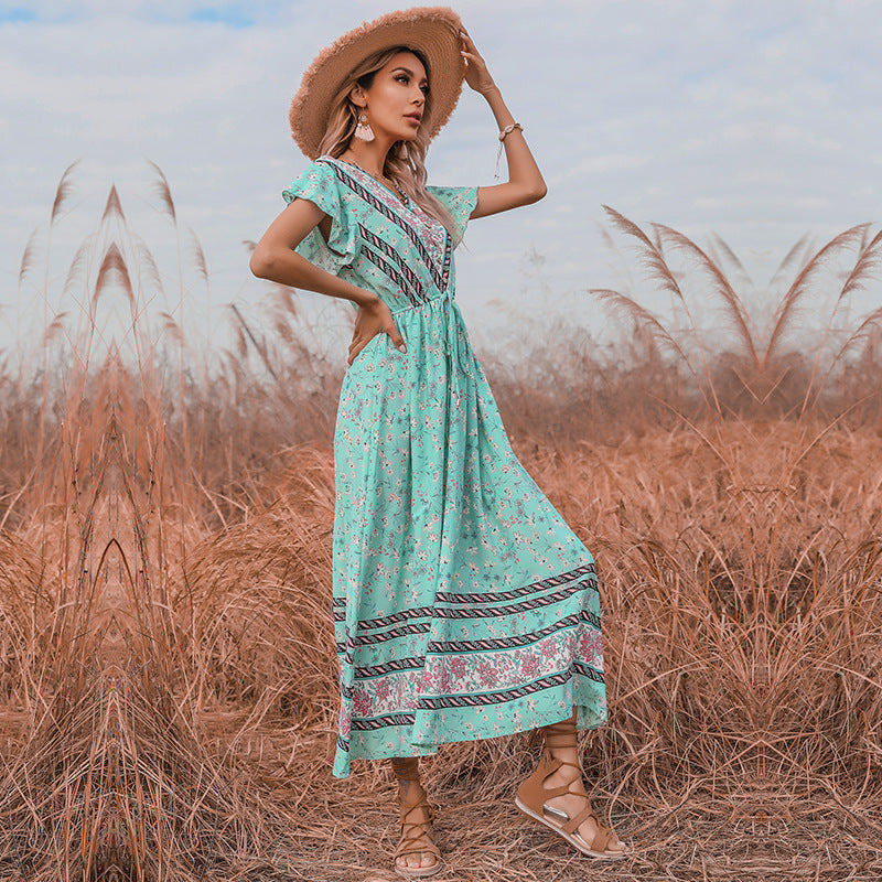 V-neck Short Sleeve Lace Up Dress