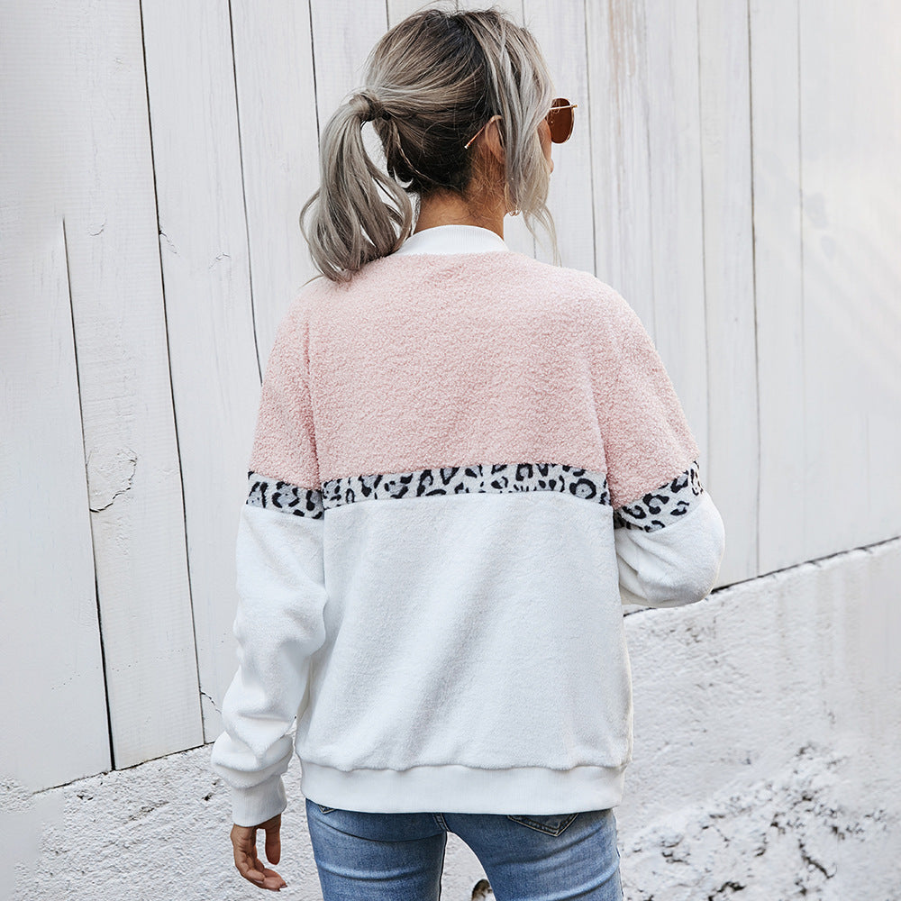 Cross-border women's stitching leopard print round neck loose plush jacket blouse