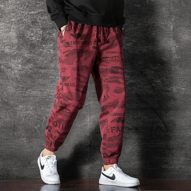 Camouflage overalls Pants: Men's seasonal trend, versatile, thin elastic belt, foot binding, handsome sports and leisure pants