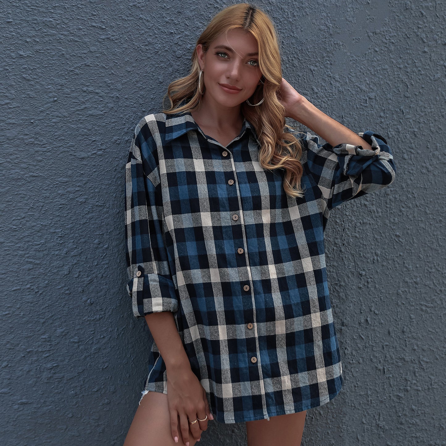 Long Sleeved Blue Plaid Cardigan Coat