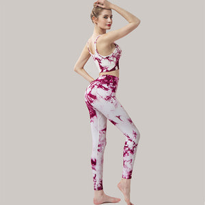 Fitstyle Yoga Clothes Women  Tops  Tie-Dye Sports Running Peach Fitness Suit Sports Skinny Yoga Pants Suit Women