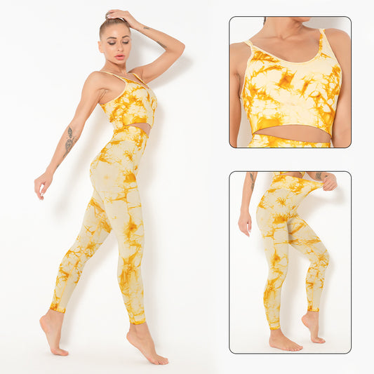Fitstyle Yoga Clothes Women  Tops  Tie-Dye Sports Running Peach Fitness Suit Sports Skinny Yoga Pants Suit Women