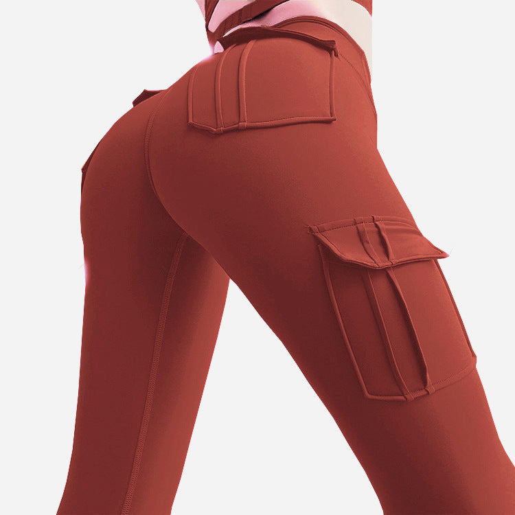 Multi-Pocket Military High Waist Ankle-Tied Four-Sided Elastic Peach Hip Sexy Highly Stretch Fitness Yoga Pants