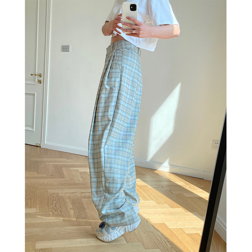 Spring and summer new European and American retro trendy grille high waist wide pants loose vertical cool radish trousers trousers women
